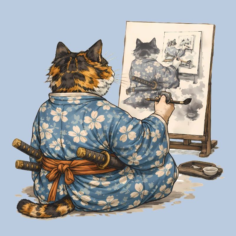Samurai-Katzen-Malerei Sumi-e Ukiyo-e Kunst