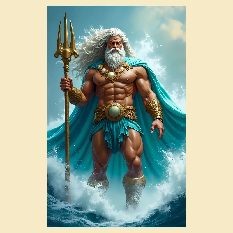 Poseidon, powerful sea god with trident, waves