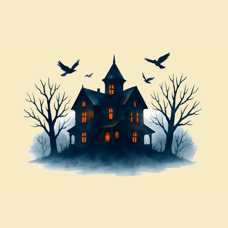 Maison hantée bleue au clair de lune