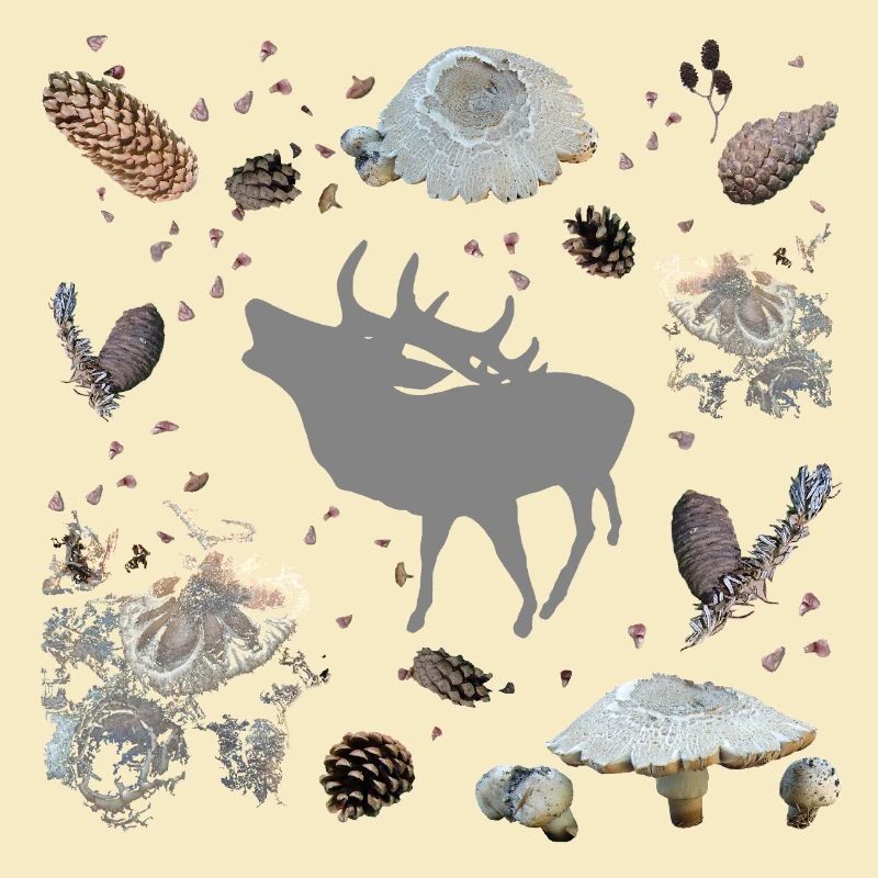 Deer with pine cones and mushrooms