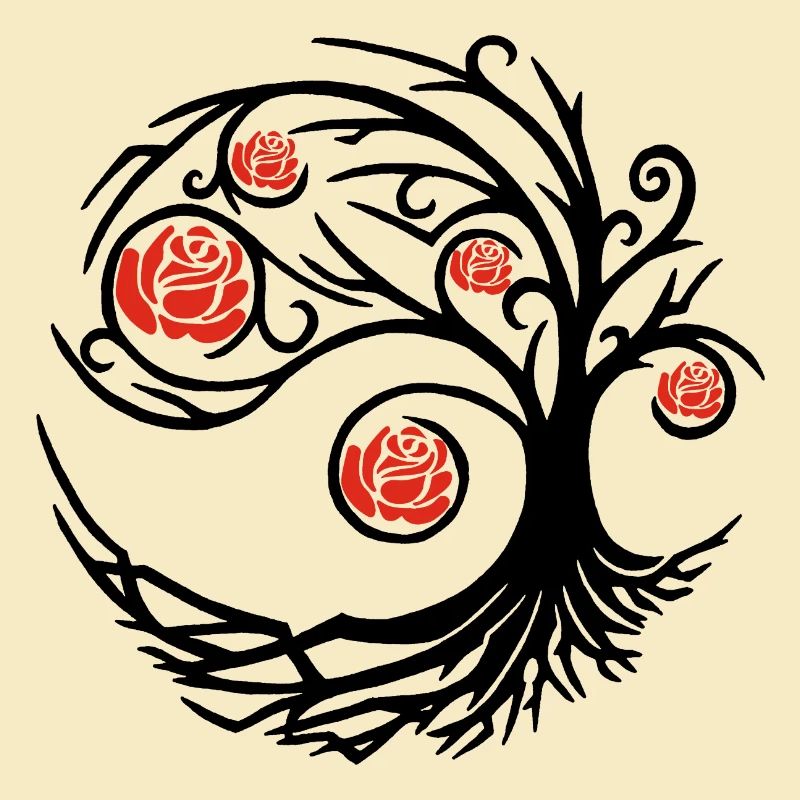 Stilisierter schwarzer Baum und rote Rosen