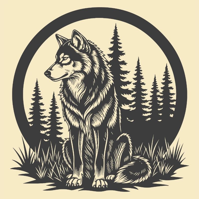 Wolf in the woods in a circular frame