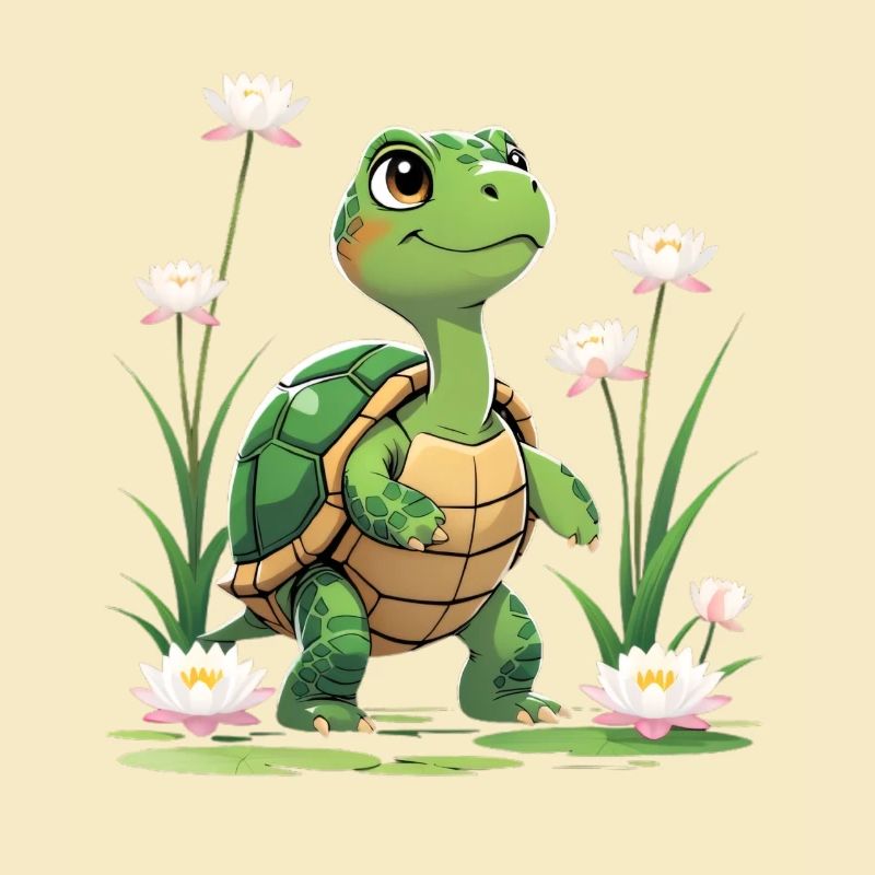 Tortue heureuse dans une mer de fleurs