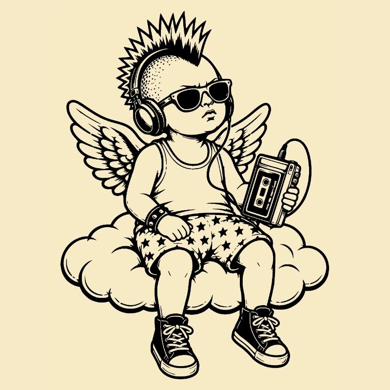 Punk Cherub with Walkman on Cloud