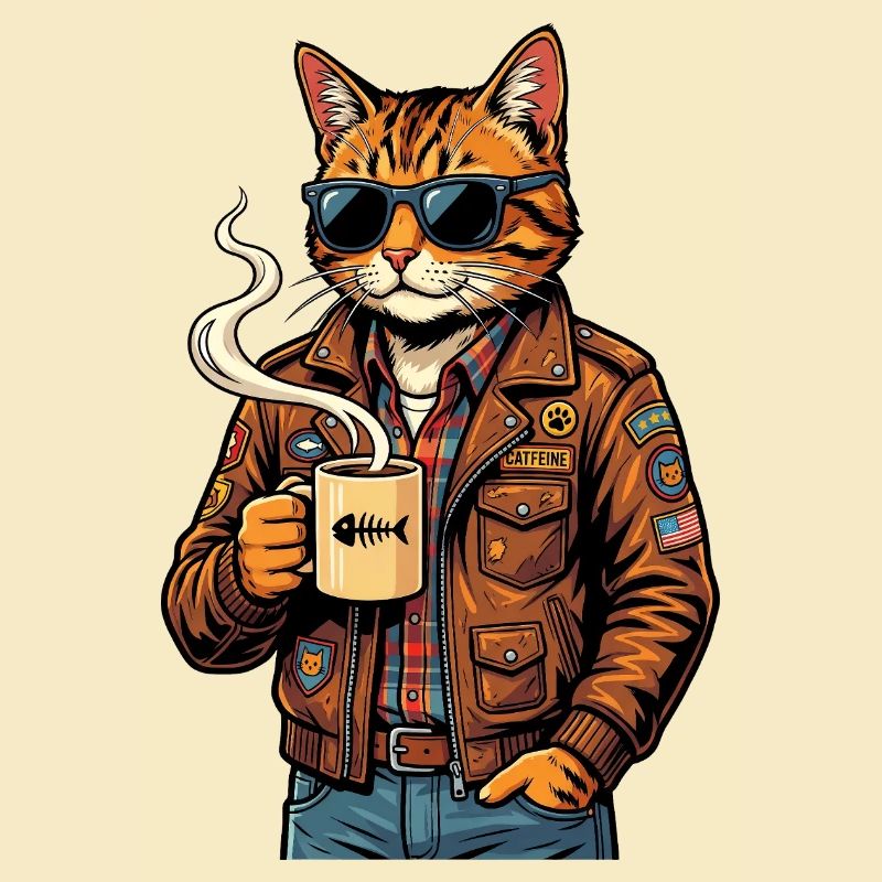 Cat biker with coffee