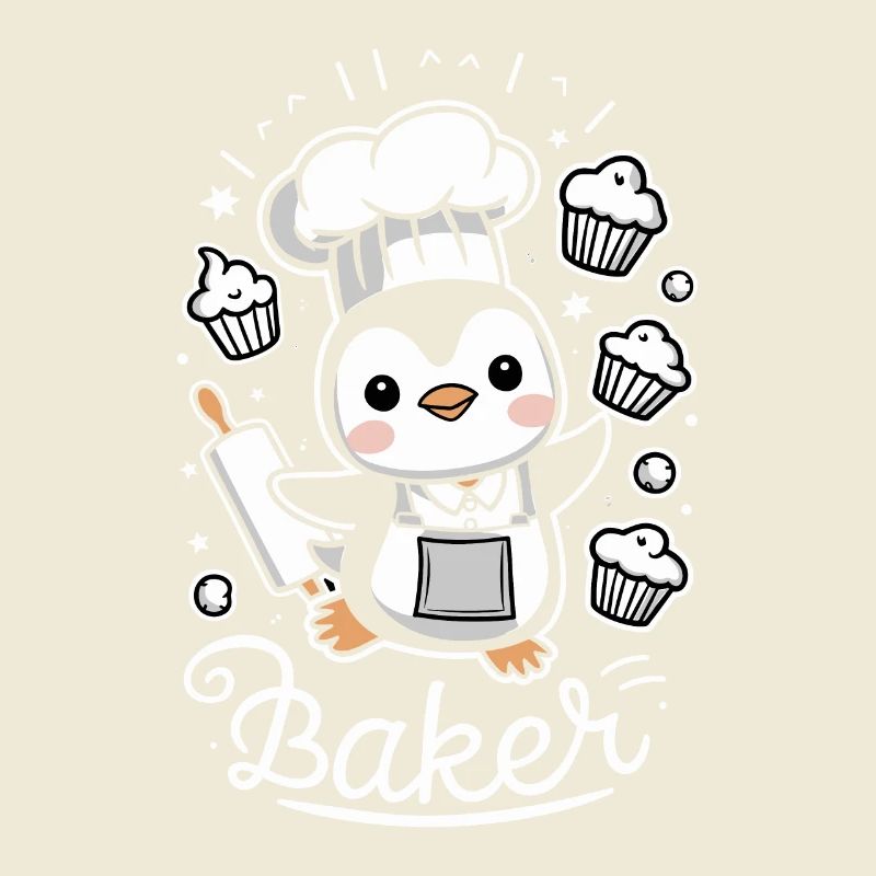 Cute penguin baker with muffins and
