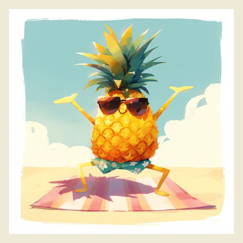 Drôle d’ananas dansant/faisant de l’exercice sur la plage