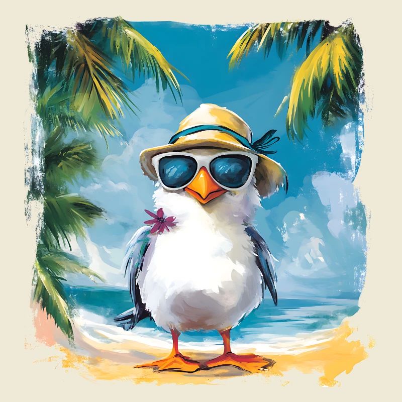 Funny bird goes under palm trees