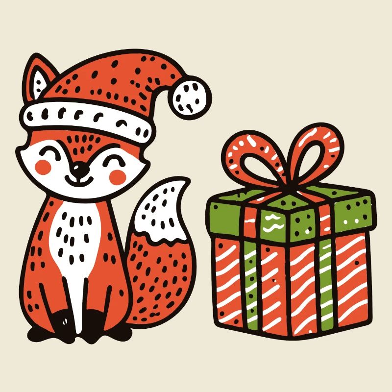 Weihnachtsfuchs mit Mütze und Geschenk