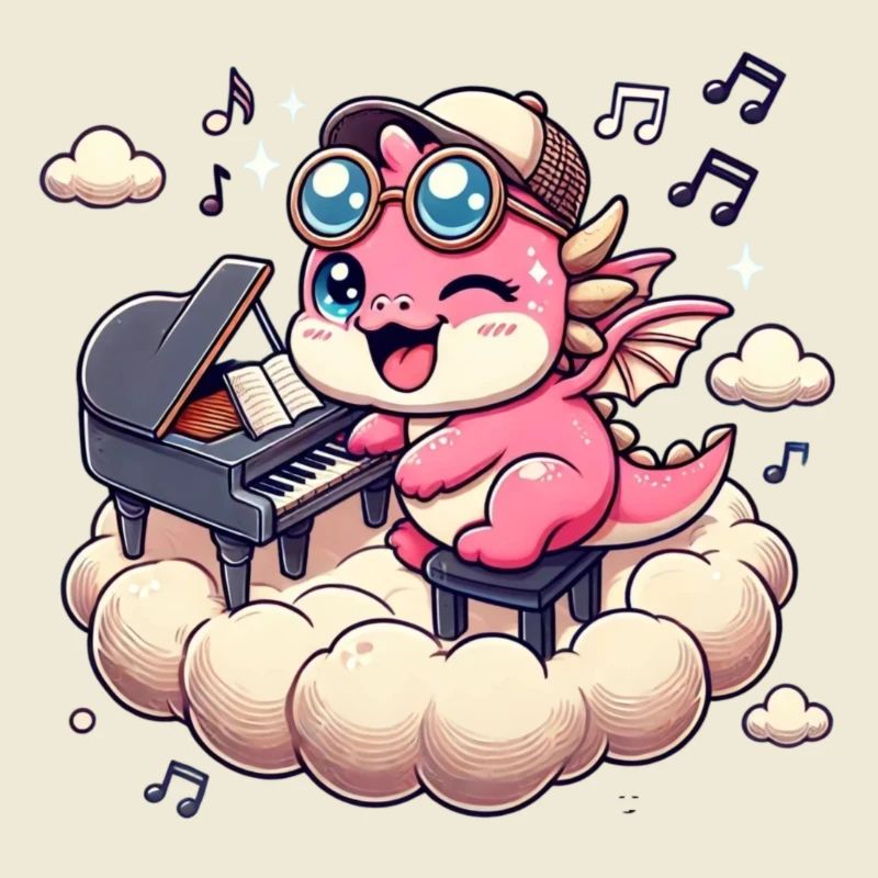 Süßer pinker Drache spielt Piano auf einer Wolke