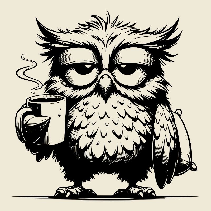 Lustige müde Comic Eule mit Kaffee Defizit