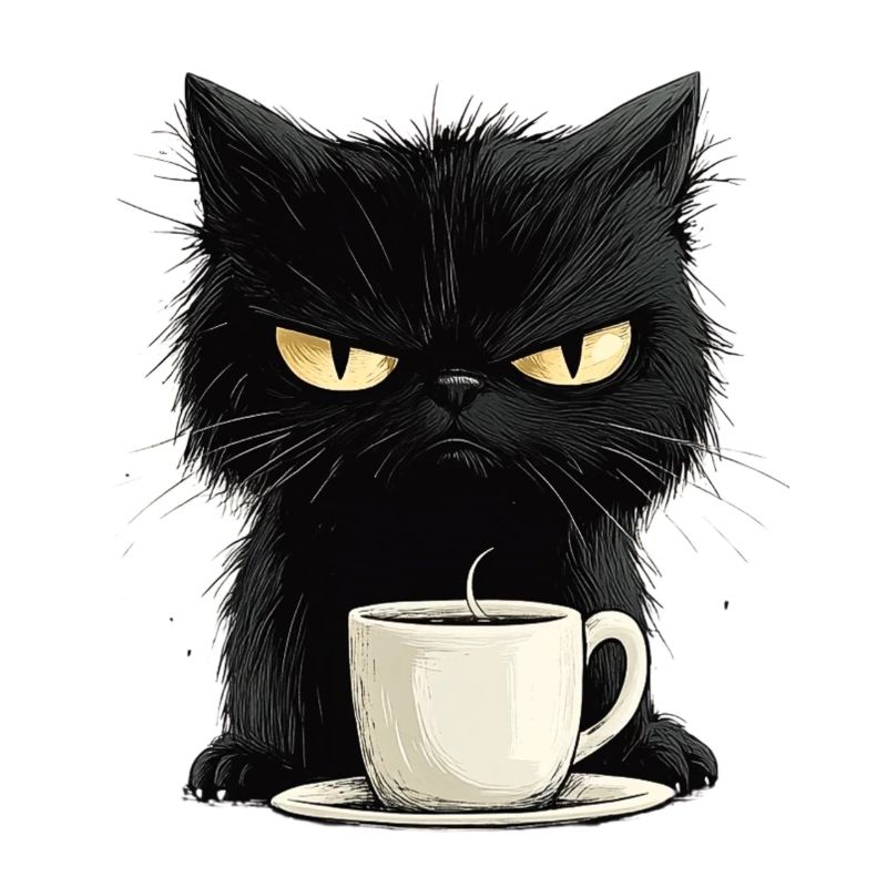 Grumpy nasty cat with morning coffee