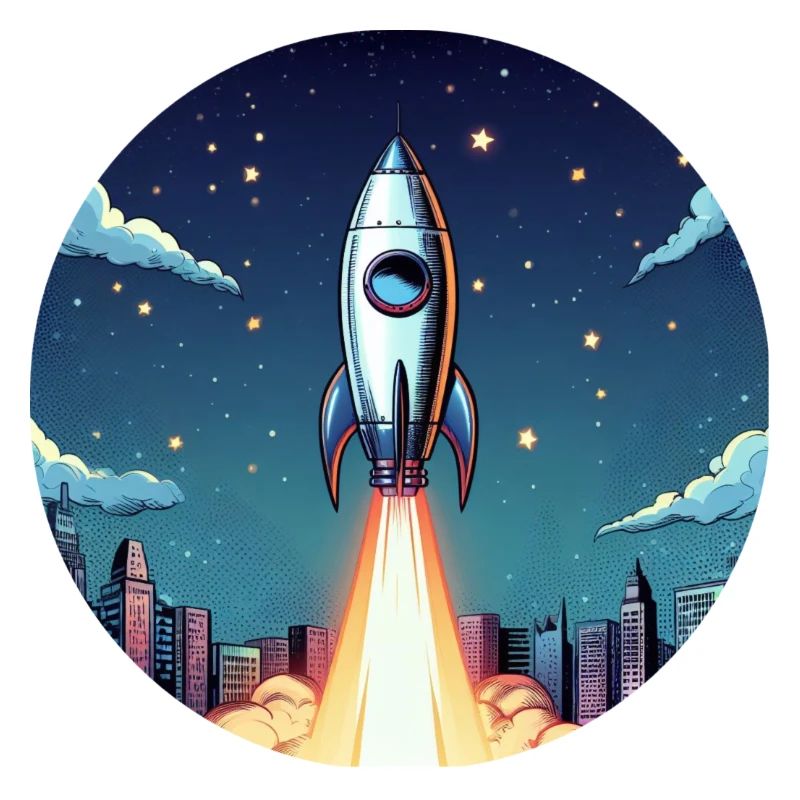 Lancement d’une fusée dans l’espace devant le ciel nocturne dans un style comique