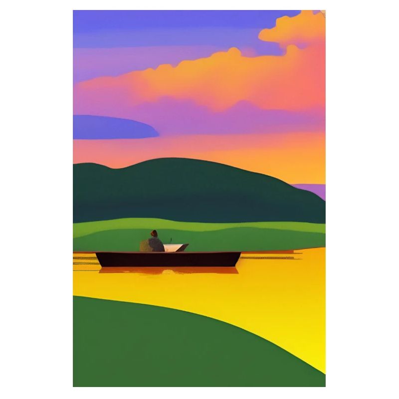 Landschaft mit See, Boot und Berge