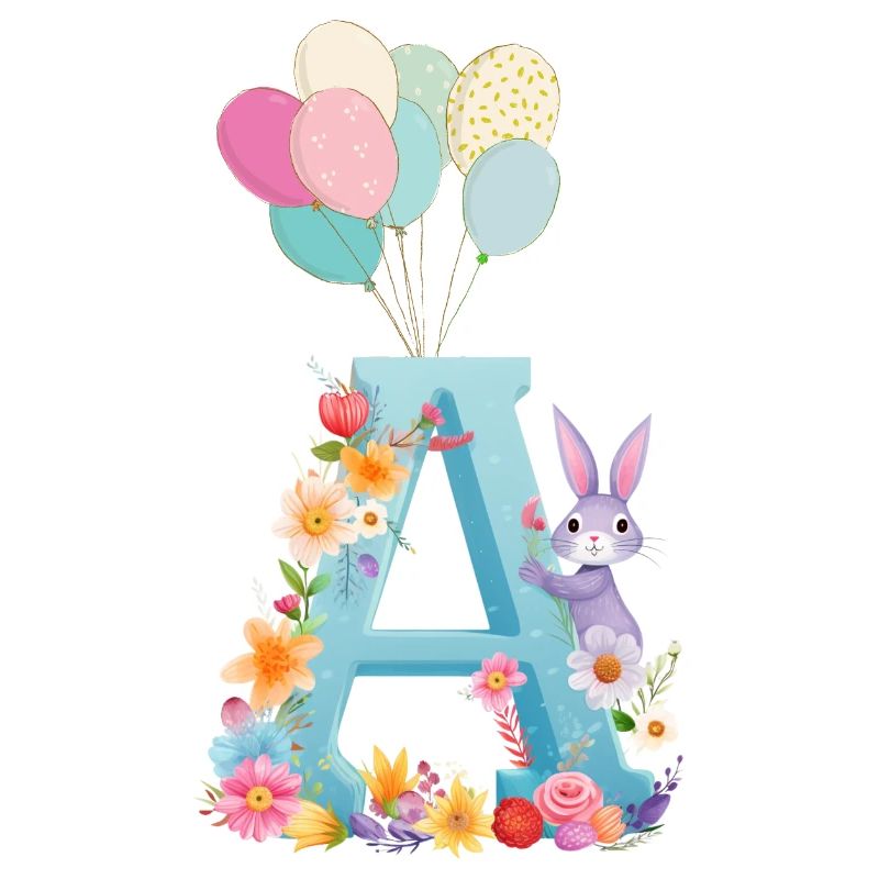 Lettre A, Monogramme, Fleurs, Lapin