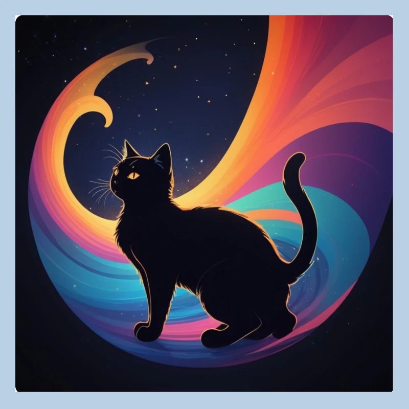Schwarze Katze vor Regenbogenfarben