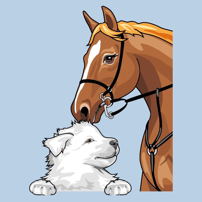 Weißer Schweizer Schäferhund und rotes Pferd