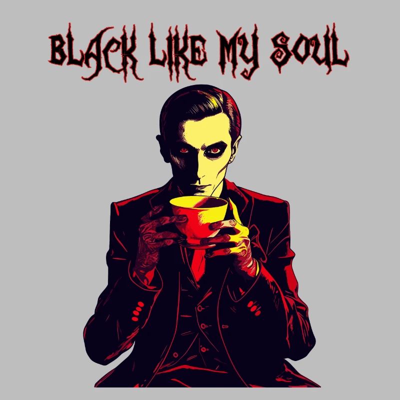 A creepy vampire drinking coffee