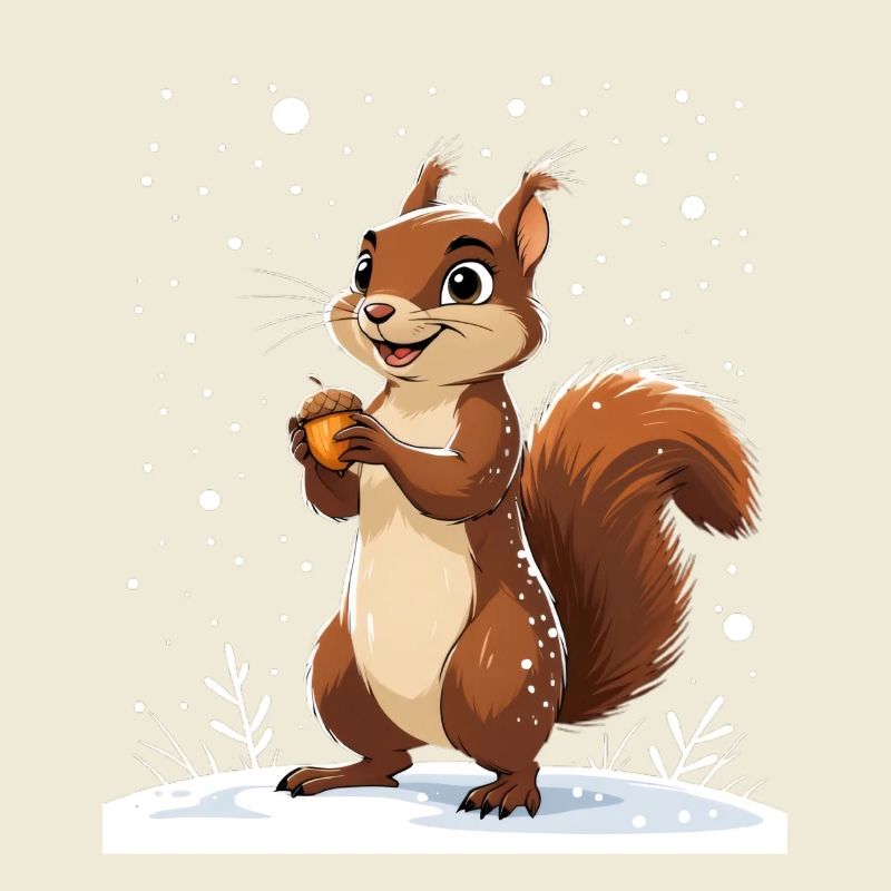 Winterliches Eichhörnchen mit Eichel