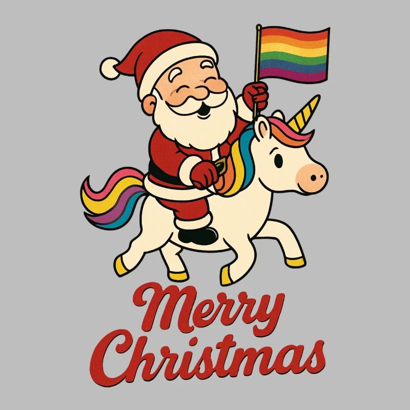 Weihnachtsmann auf Einhorn mit Regenbogenfahne