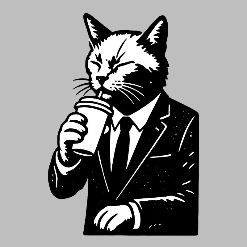 Cat in a suit drinks coffee
