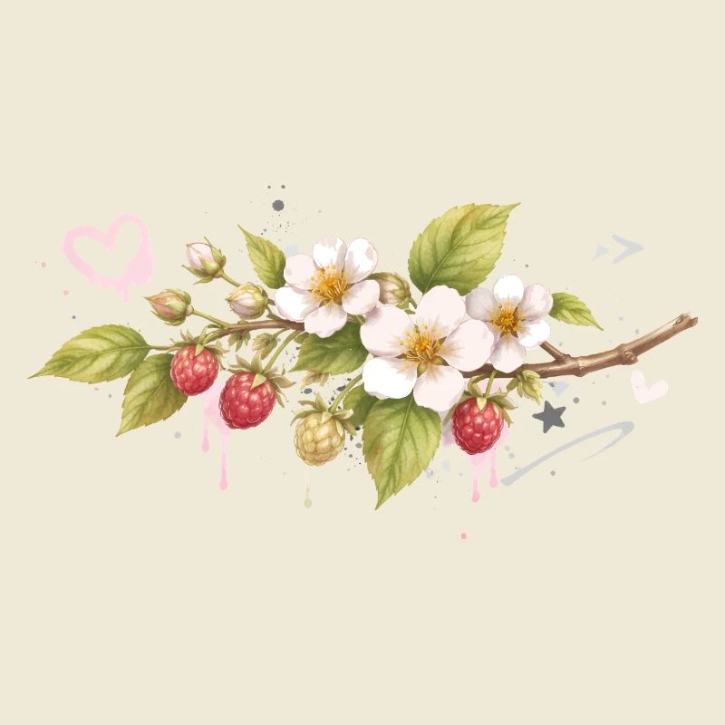 Branche de framboise avec fleurs style graffiti