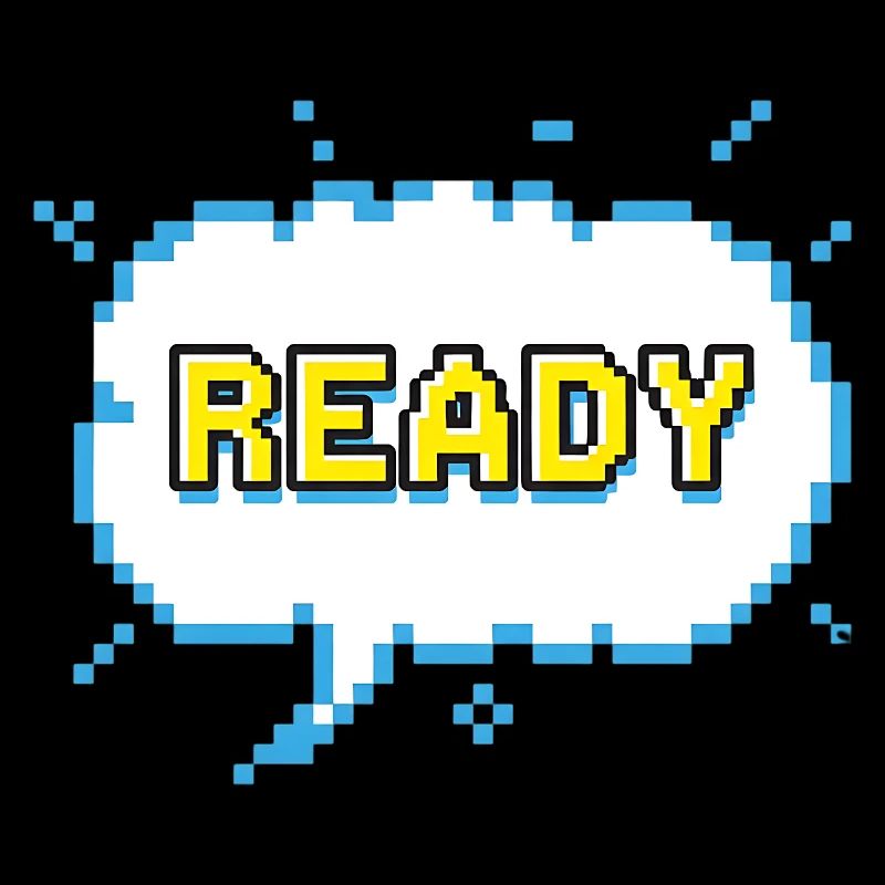 READY lettering in pixel comic look