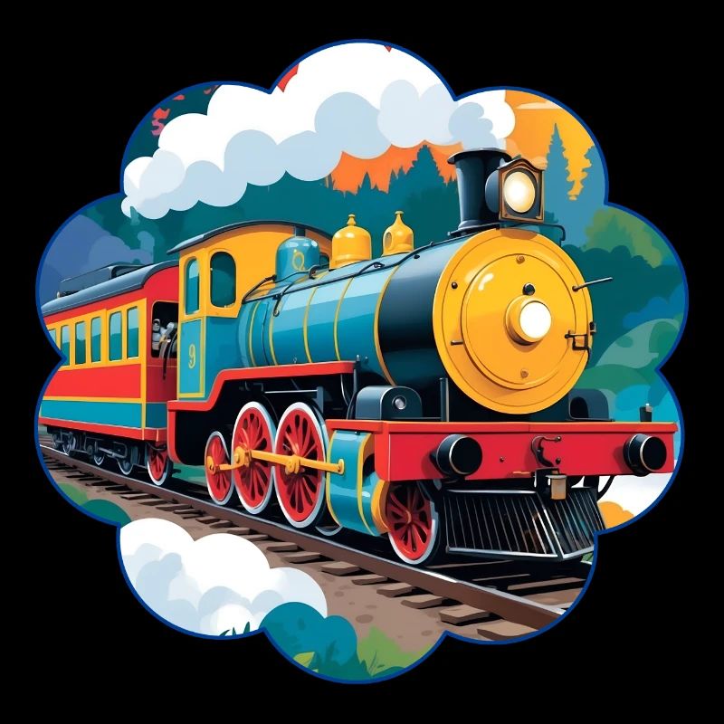 Bunte Eisenbahn mit rauchender Dampflokomotive