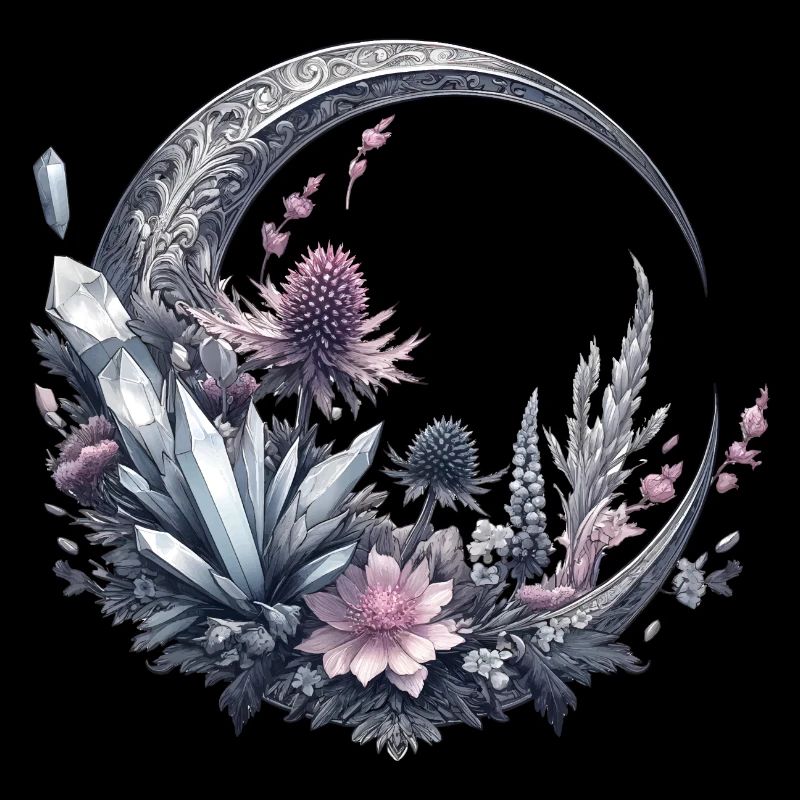 Croissant de lune en argent, avec cristaux et fleurs