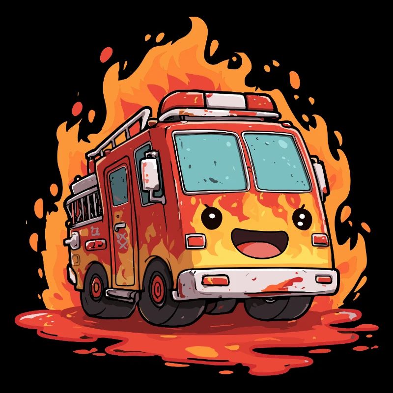 Flammes du camion de pompiers de Kawaii