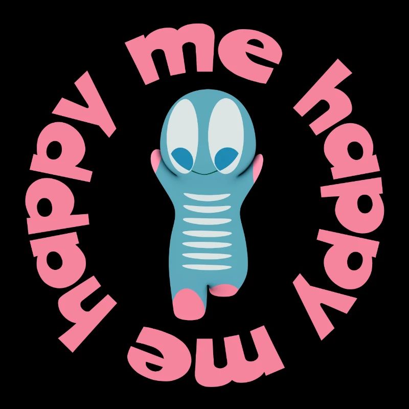 Verspielte Figur  mit Textmotto happy me