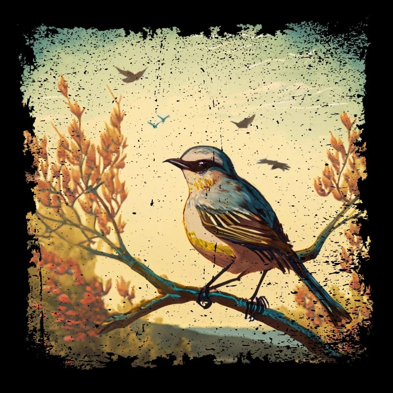 Vogel sitzt auf Ast, mediterraner Hintergrund