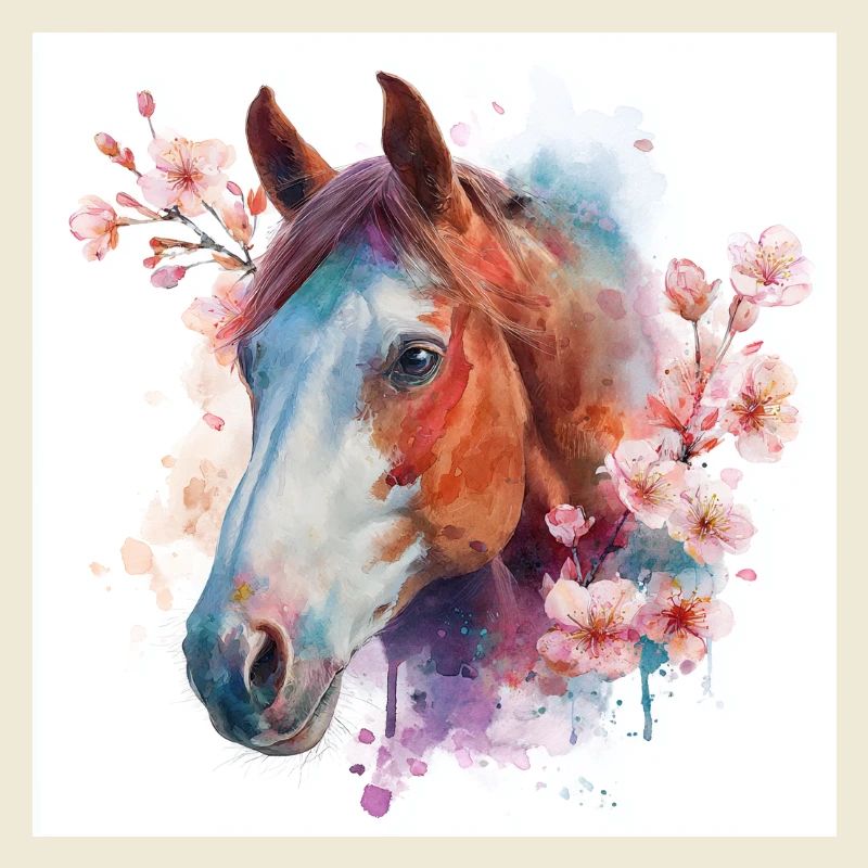 Aquarelle Cheval et Fleurs