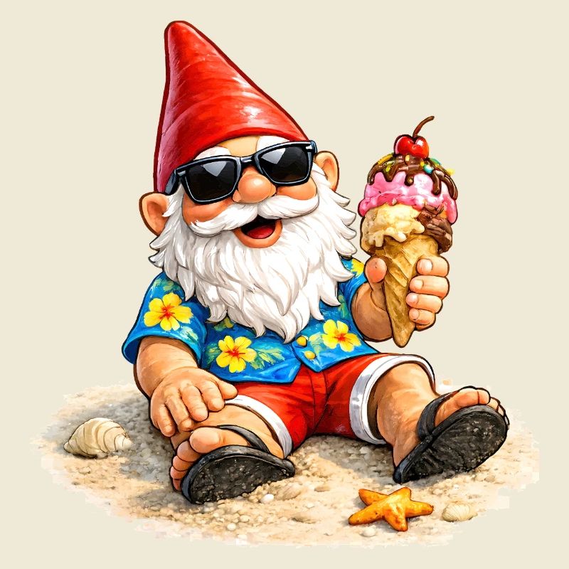 Gartenzwerg am Strand mit Eis in der Hand  