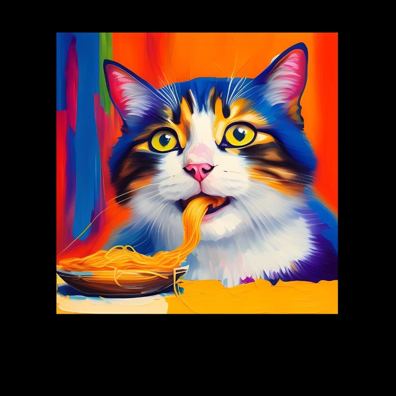 Cat eats spaghetti oil painting