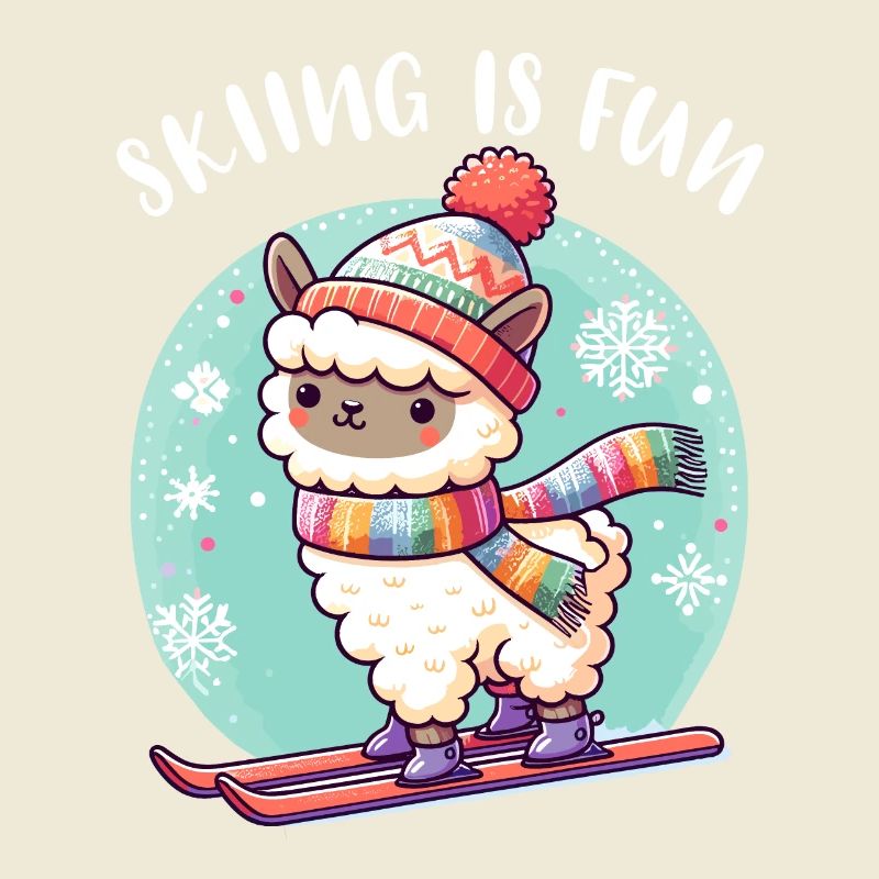 Cute llama with knitted hat skis funny