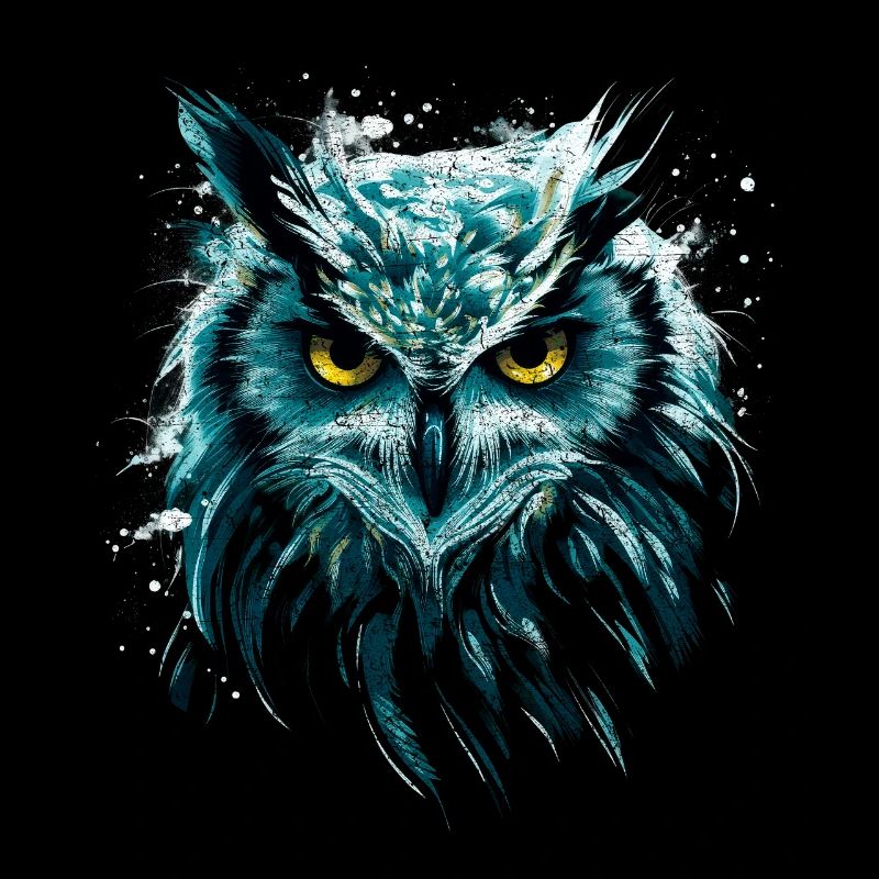 Owl Artwork with Grunge Effect Turquoise Owls Fan