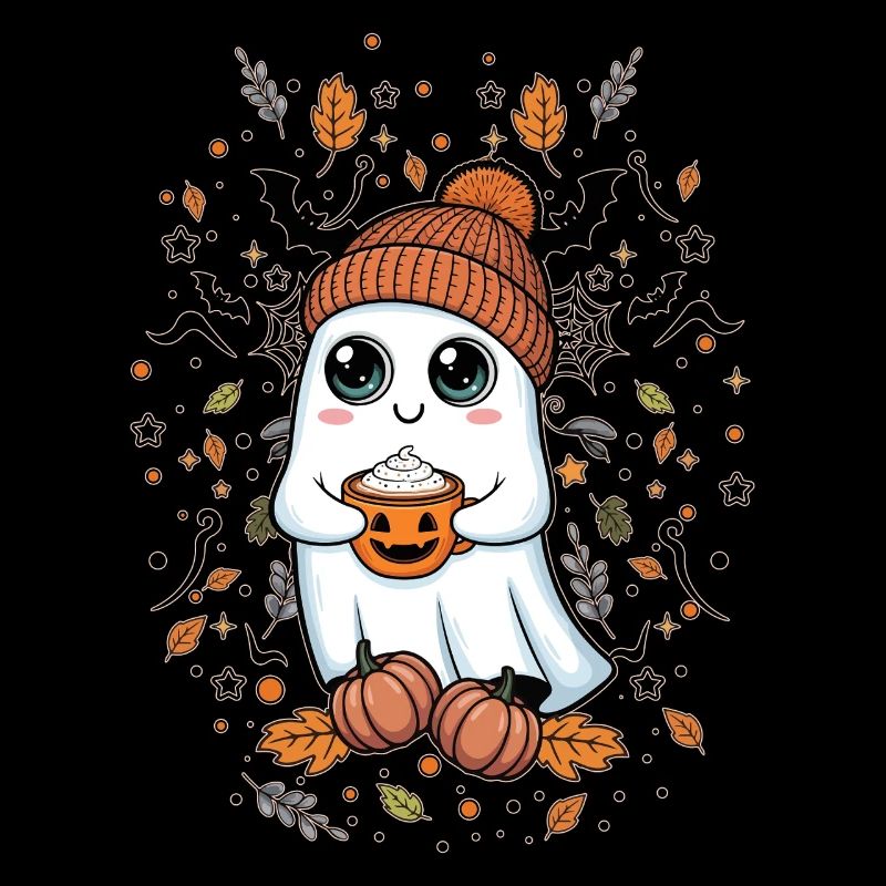 Cute Ghost Drinking Coffee Pumpkin
