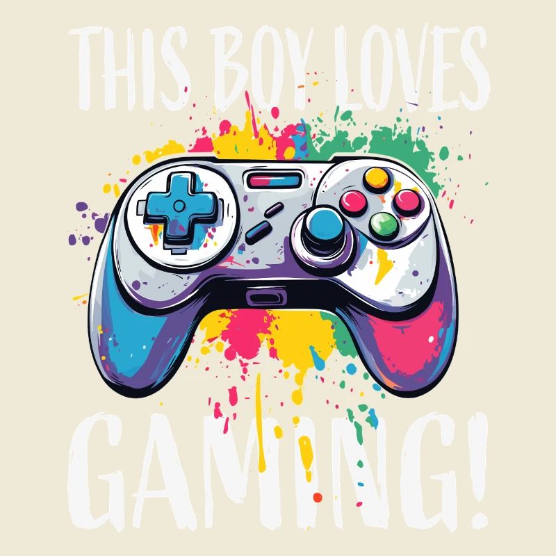 Junge liebt Gaming – bunte Controller-Splash