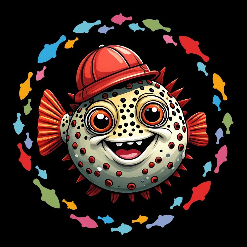 Puffer fish with red baseball cap and colorful fish