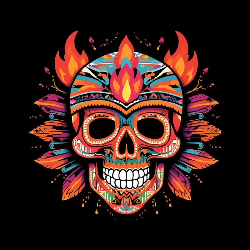 Colorful Skull Skull with Flames