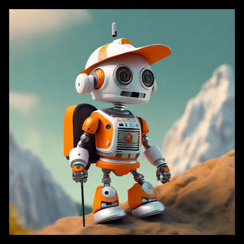 cute little orange robot is rockclimbing