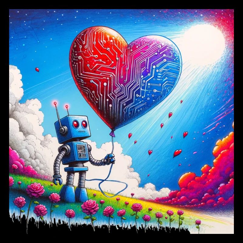 Robot with a heart balloon