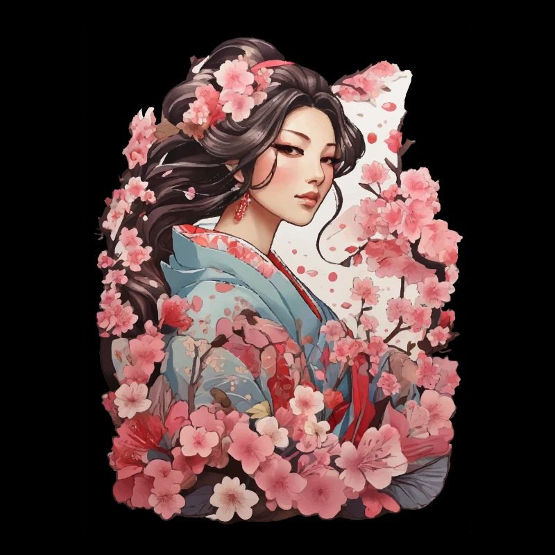 Woman in kimono with cherry and plum patterns