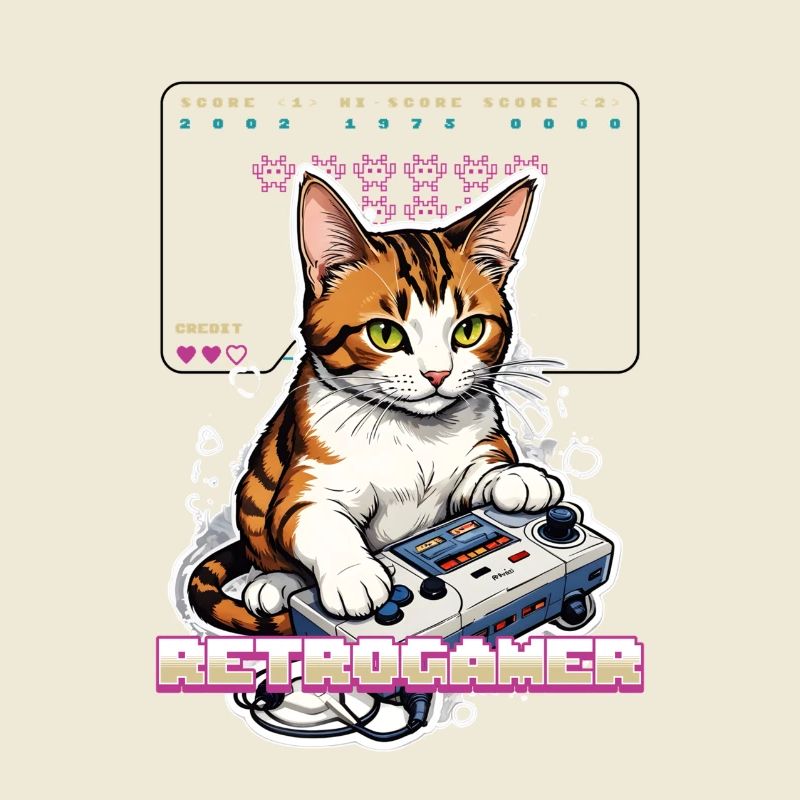 Retro Gaming Katze: Retrogamer mit Controller