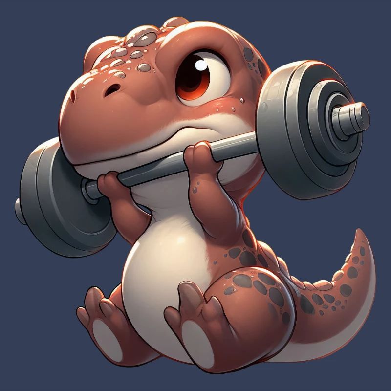 Cute Chibi Dino Exercising With Dumbbell