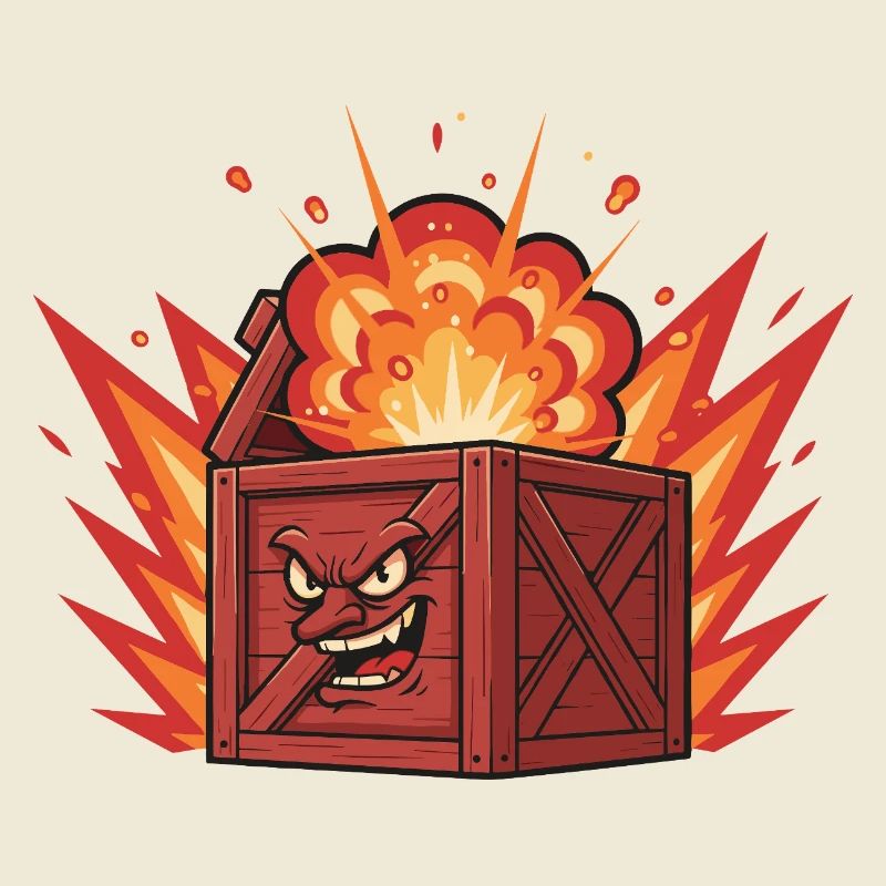 Exploding wooden box with a grim face