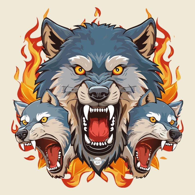 01 Bad Wolf Pack Wolves Head Fire Flames