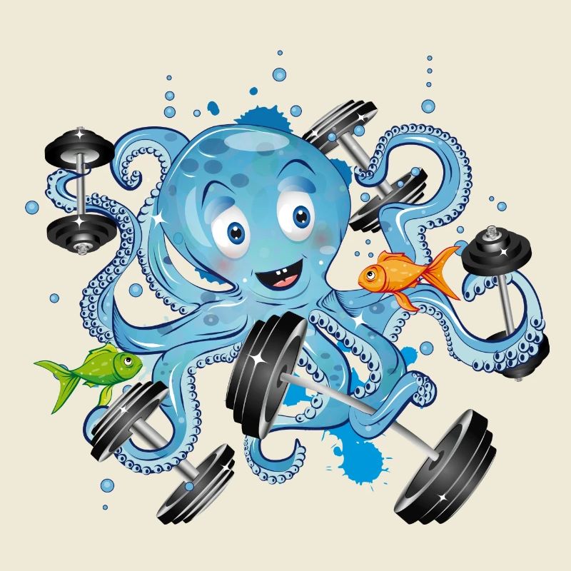 Bodybuilder octopus with dumbbells while exercising