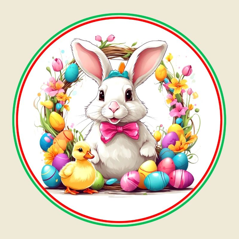 Cute easter bunny in easter basket with little chick